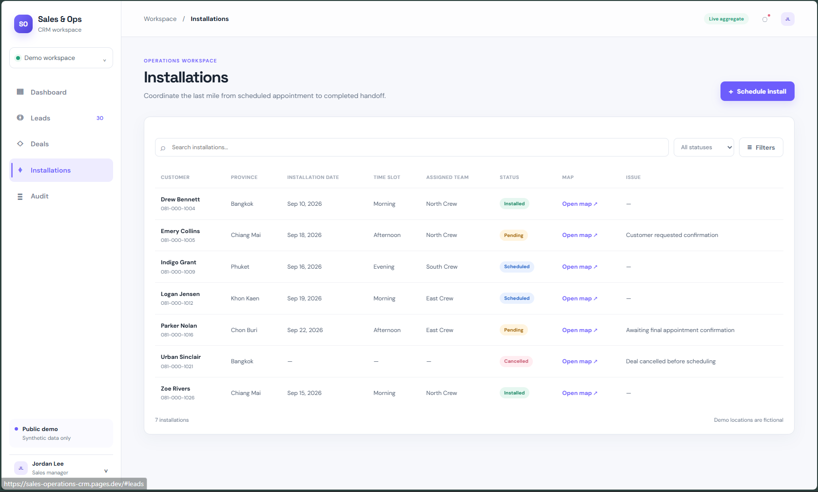 CRM installations view showing customer, province, installation date, team, status, and issue state