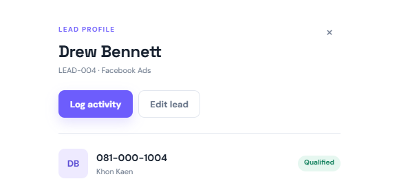 CRM lead detail view showing a synthetic lead profile, phone number, source, and qualification status