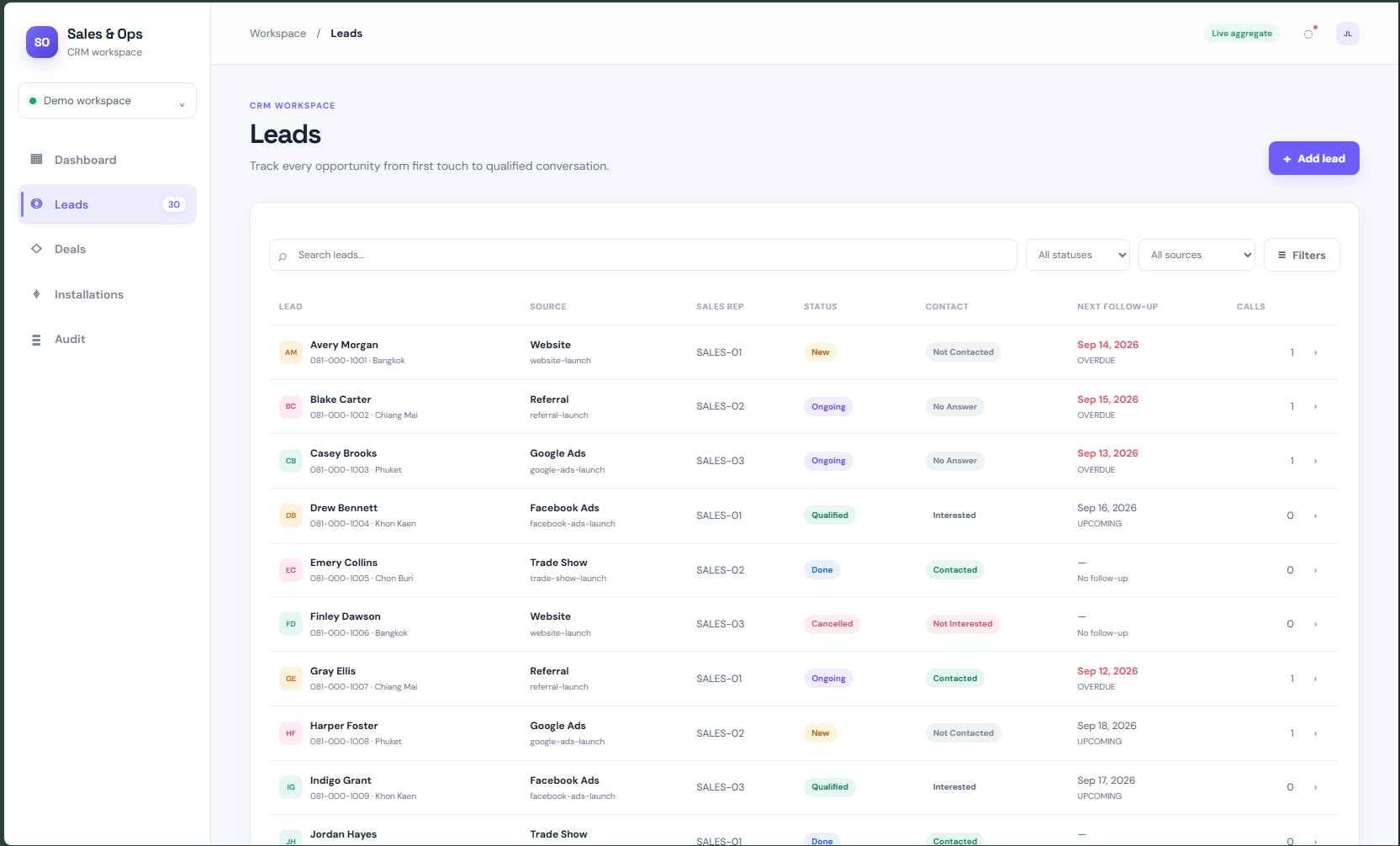 CRM leads list showing lead source, sales representative, status, contact state, and next follow-up