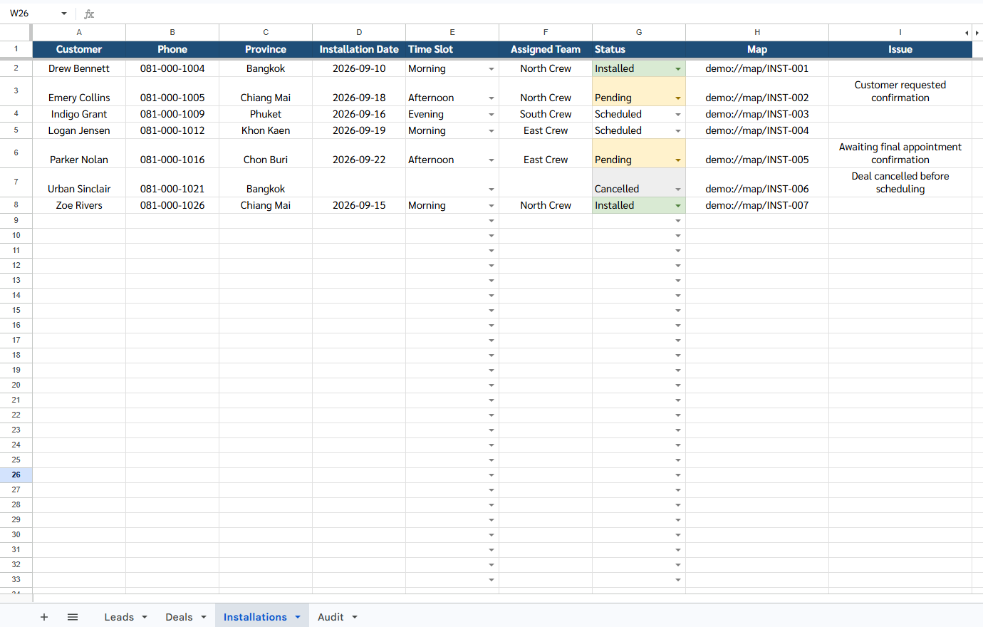 Google Sheets operational installations view showing synthetic customers, phone numbers, dates, assigned teams, statuses, maps, and issues