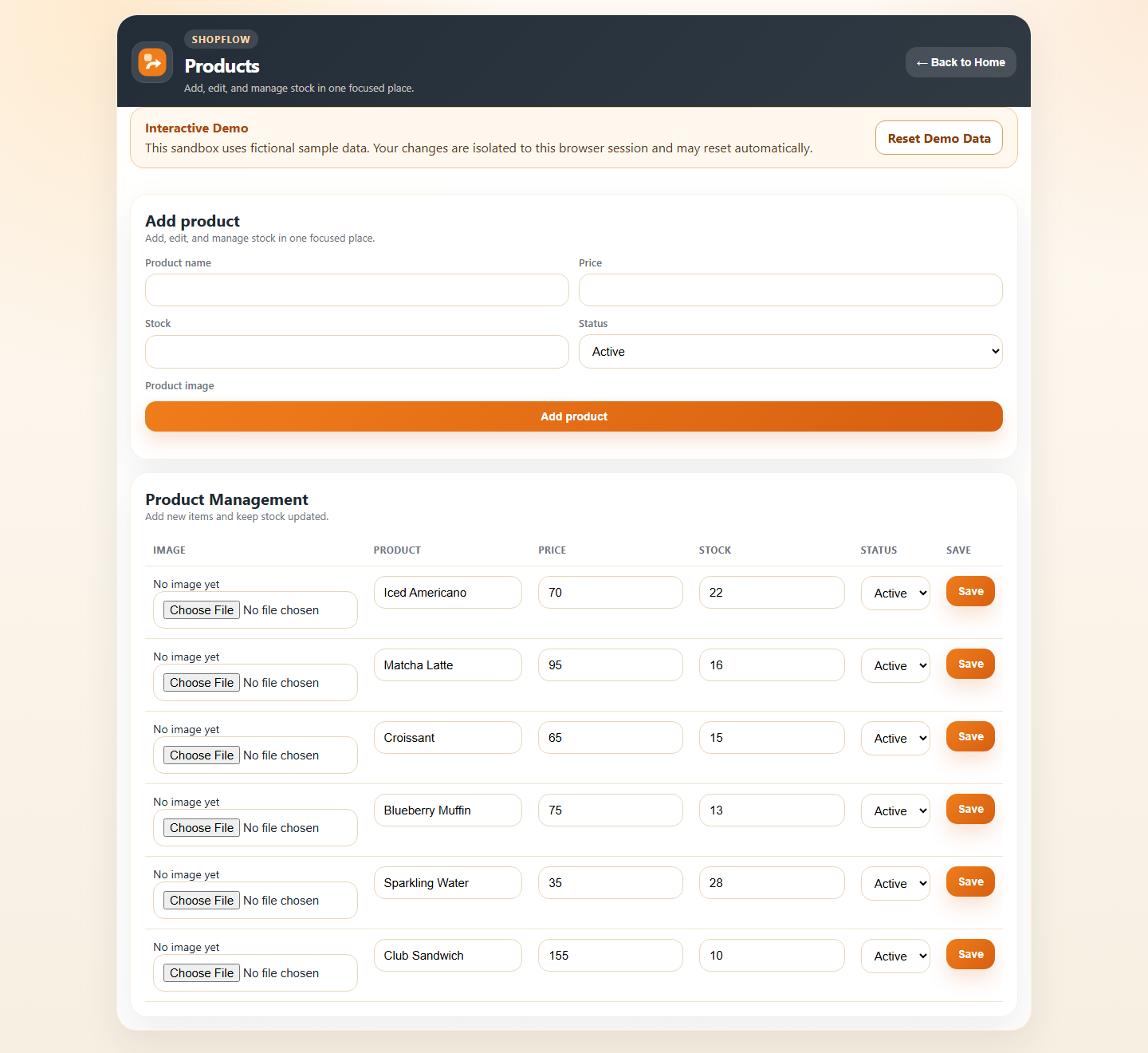 ShopFlow product management screen with fictional product names, prices, stock counts, and status controls