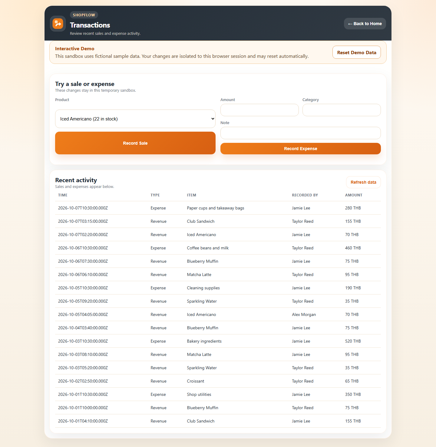 ShopFlow transaction screen with sale and expense entry forms and fictional recent activity